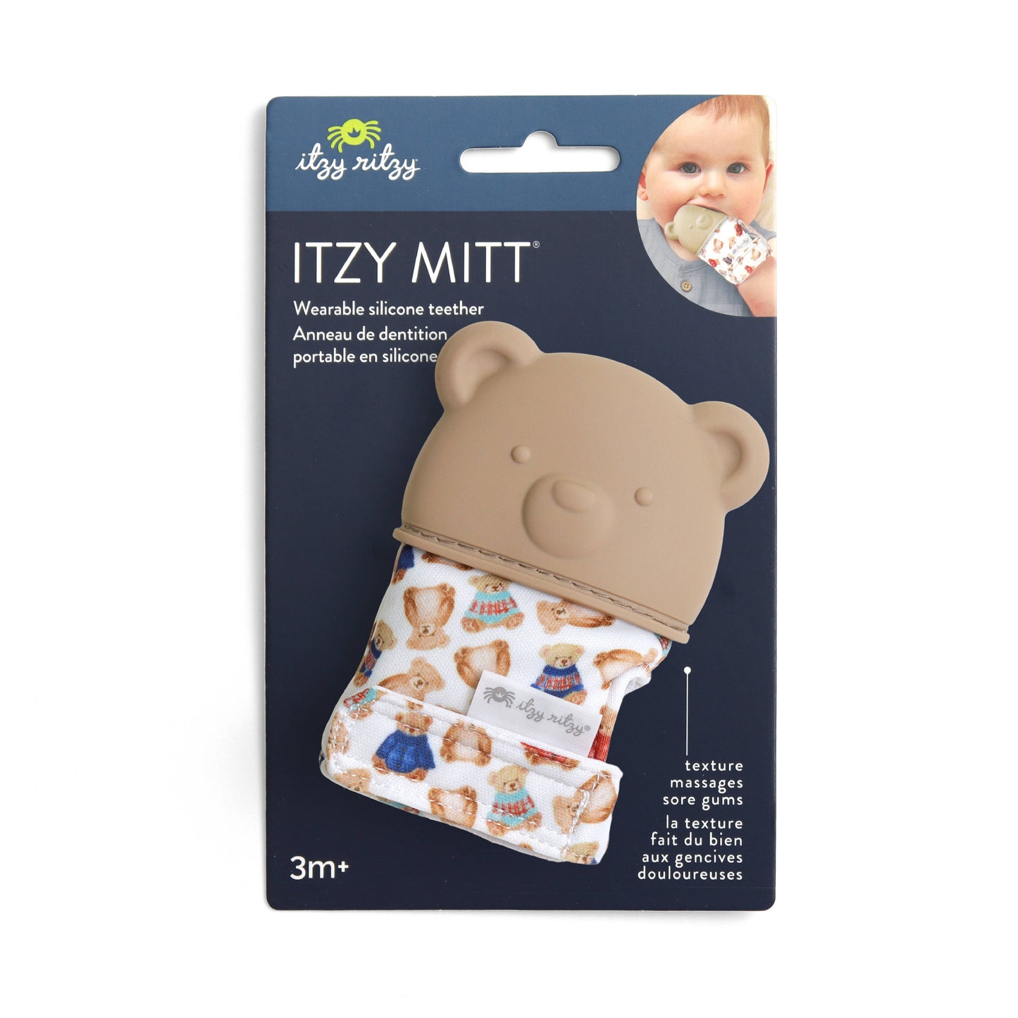 Itzy Ritzy baby teether with bear design in packaging on a white background