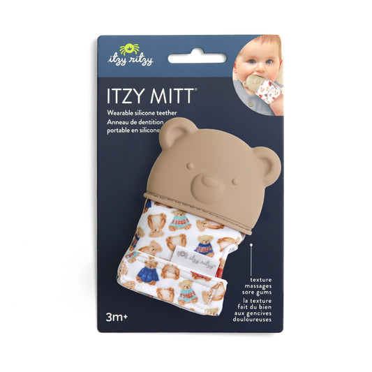 Itzy Ritzy baby teether with bear design in packaging on a white background