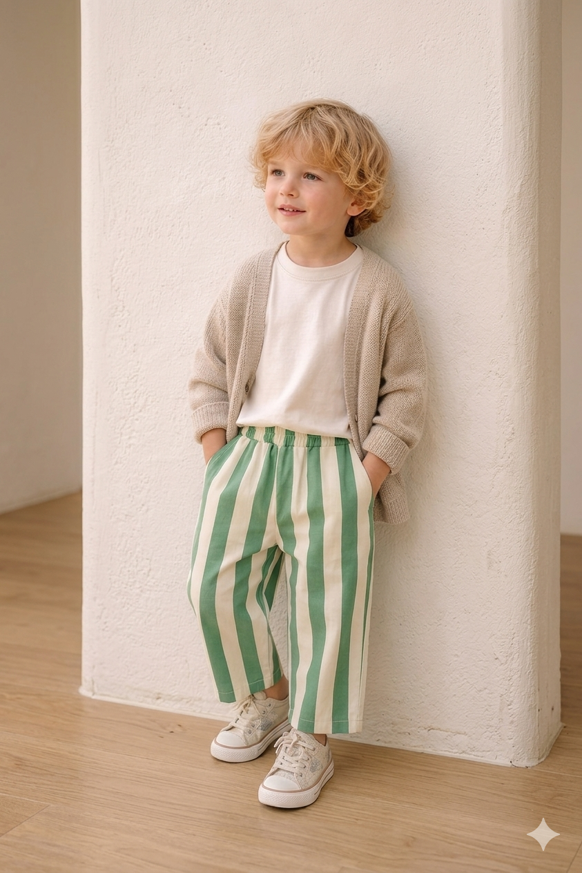Child wearing a beige sweater, white shirt, and green striped pants standing against a white wall.
