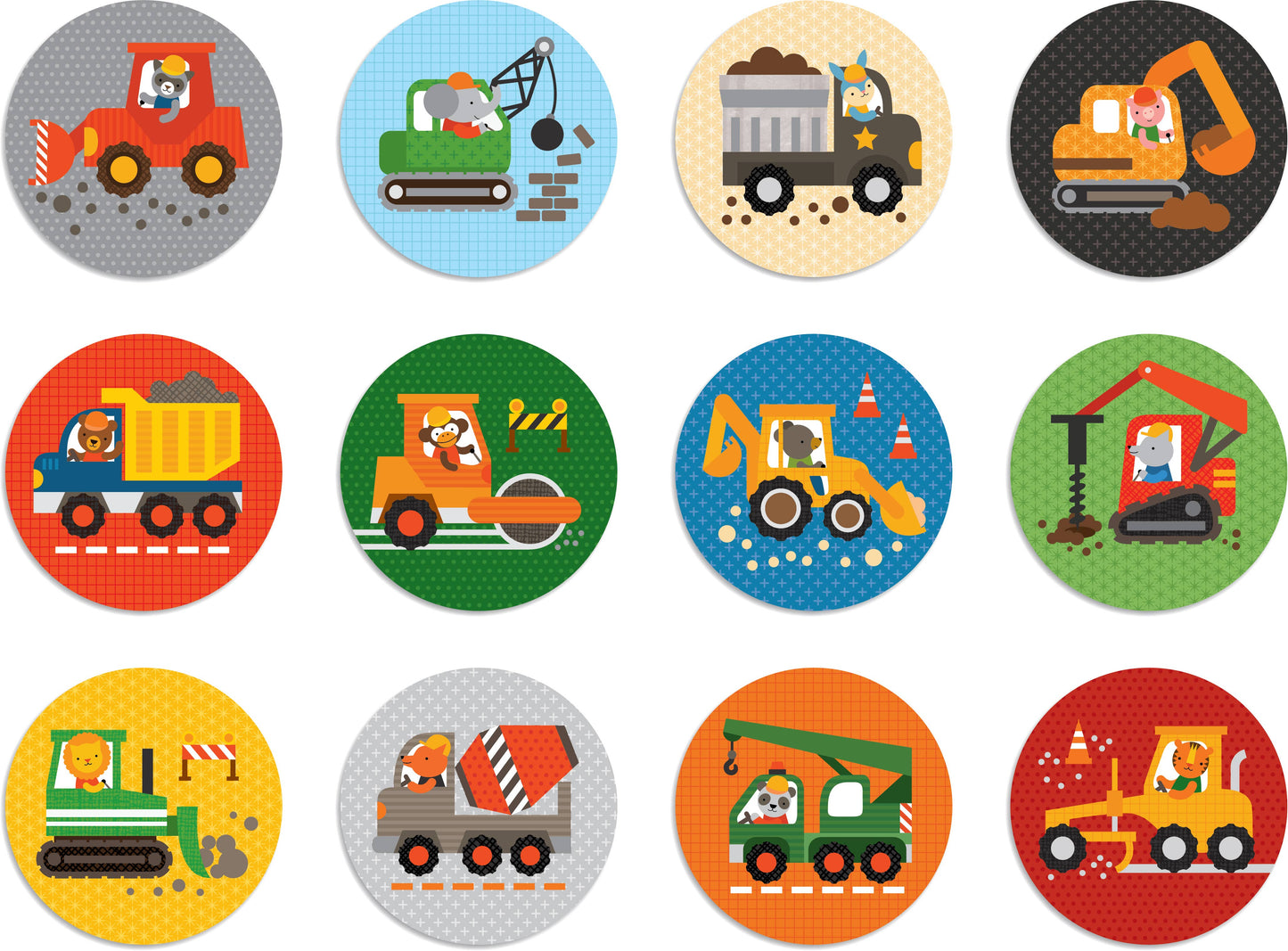 Set of colorful cards with construction vehicles on a white background