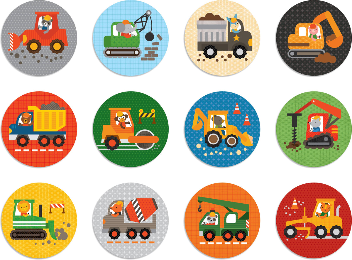 Set of colorful cards with construction vehicles on a white background