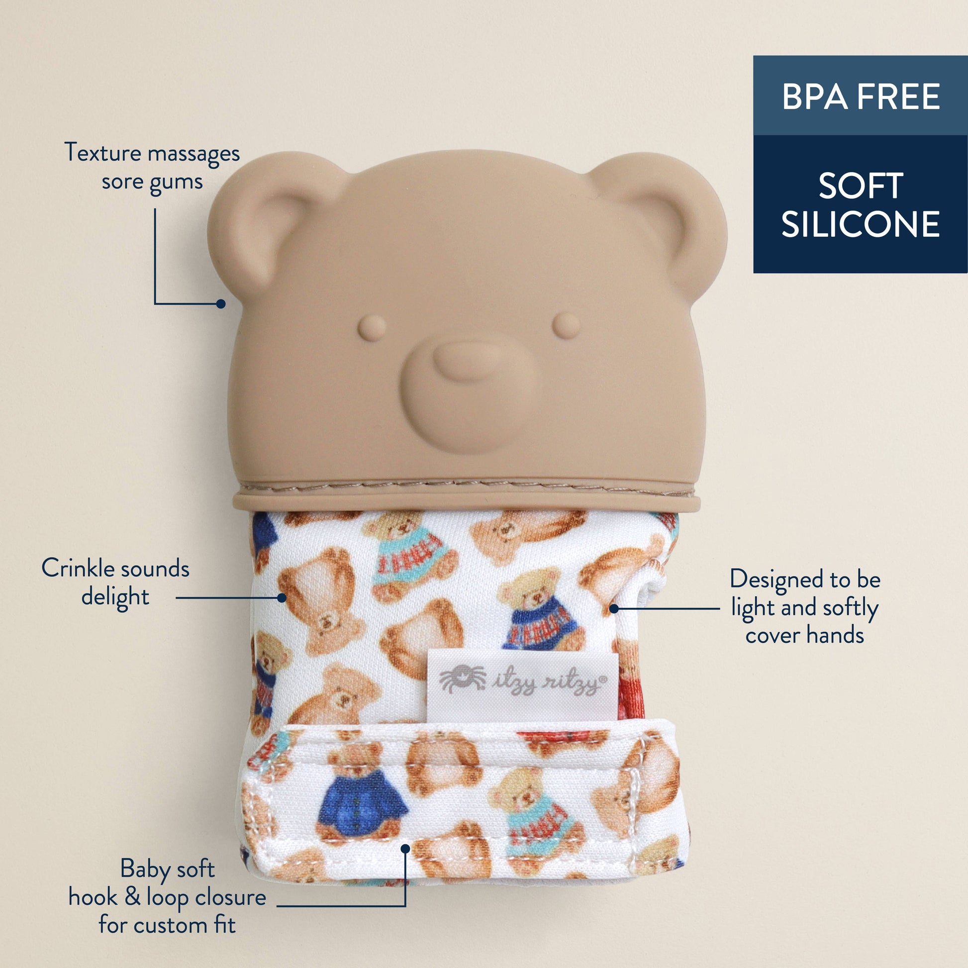 Silicone baby blanket with bear design and features highlighted on a beige background