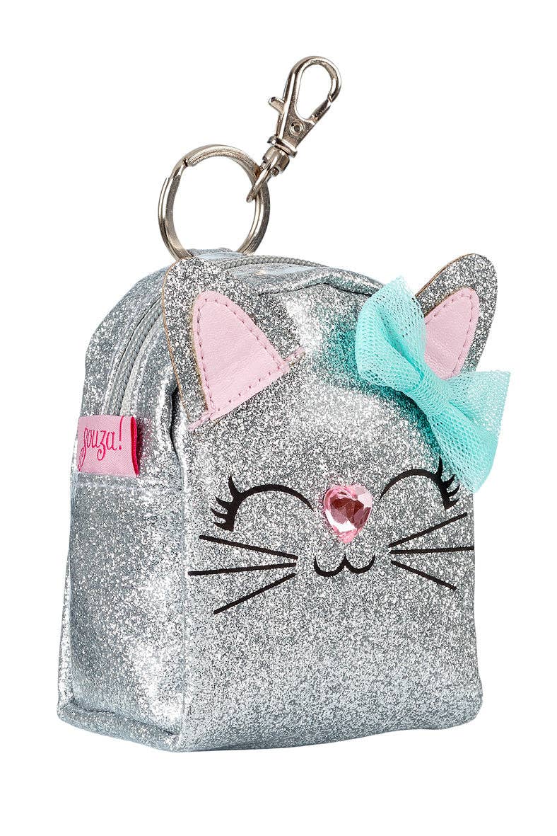 Silver glittery pouch with cat design and bow, featuring a 'guzzz!' tag, on a white background.
