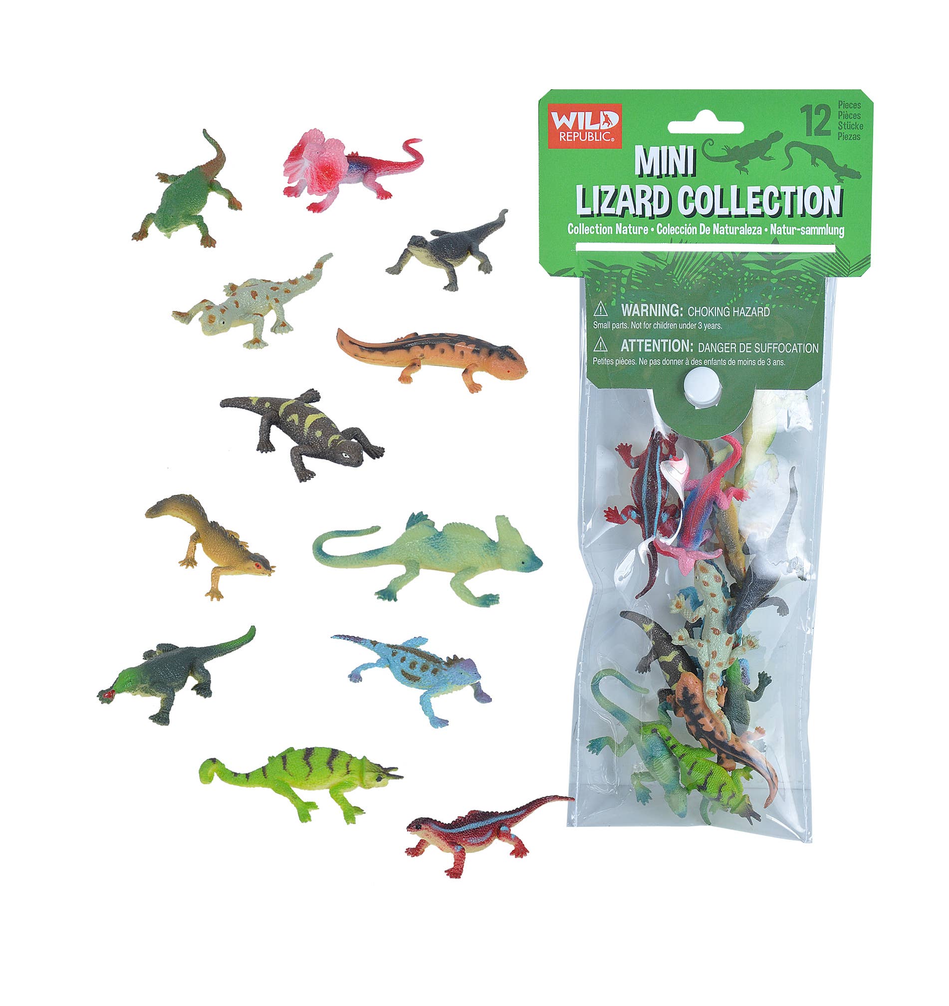 Set of mini lizard figurines with packaging on a white background
