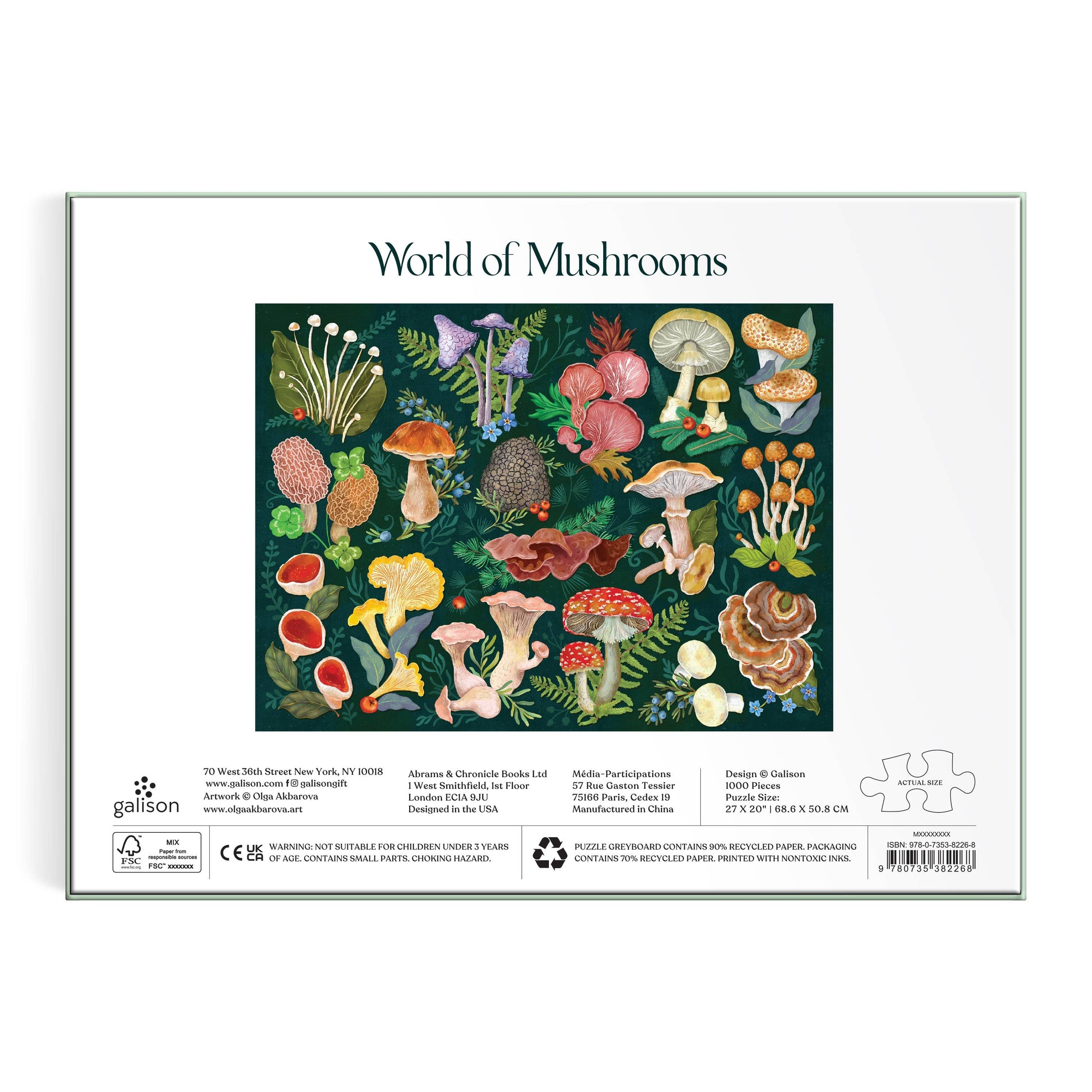 Jigsaw puzzle packaging with 'World of Mushrooms' design on a white background
