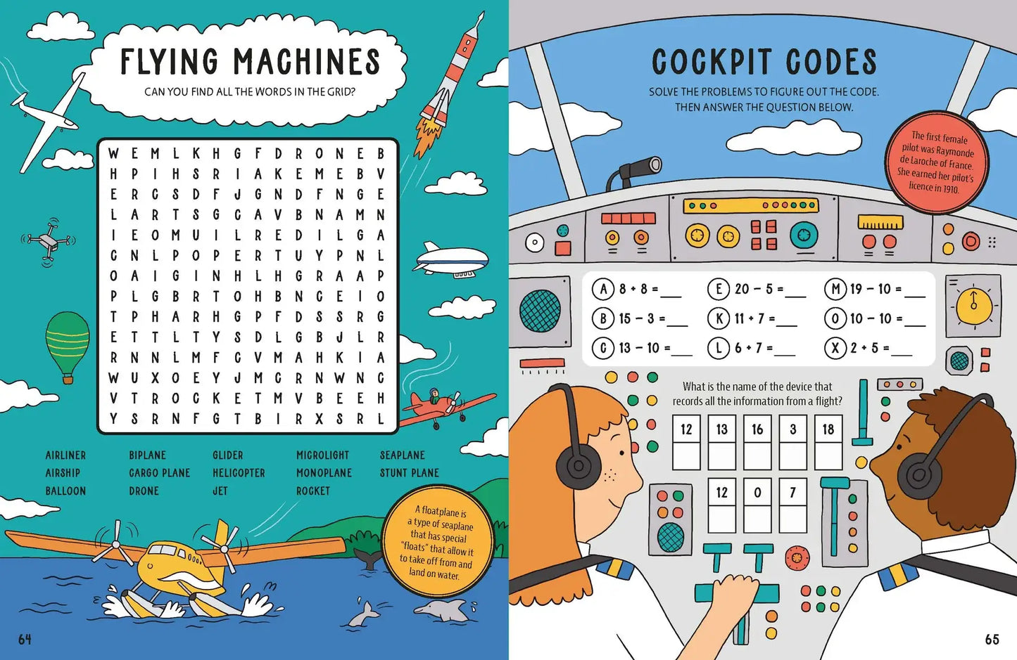 Illustrated book page with word search and cockpit diagram on aviation theme