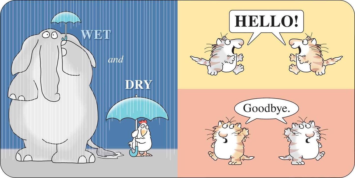 Cartoon illustration of an elephant with umbrellas labeled 'Wet' and 'Dry', and cats saying 'Hello!' and 'Goodbye'.