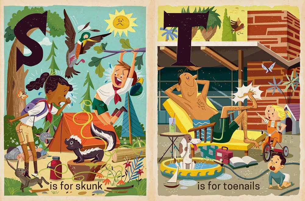 Illustrated alphabet cards with 'S' for skunk and 'T' for toenails, featuring children and animals.