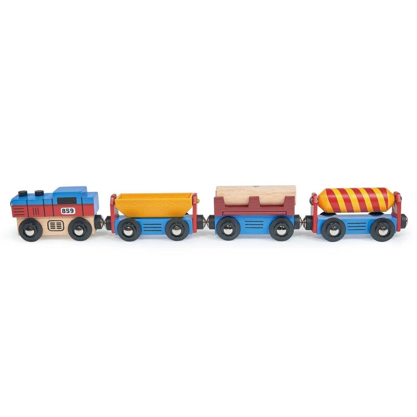 A wooden train set with one engine and three colorful attached carriages designed to resemble industrial cargo goods, displayed on a white background.