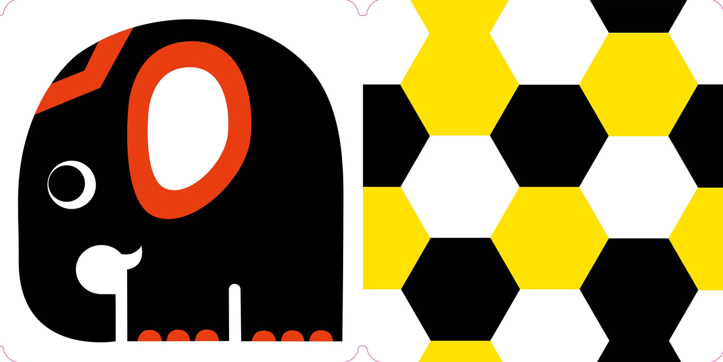Geometric design with black, red, yellow, and white shapes on a white background
