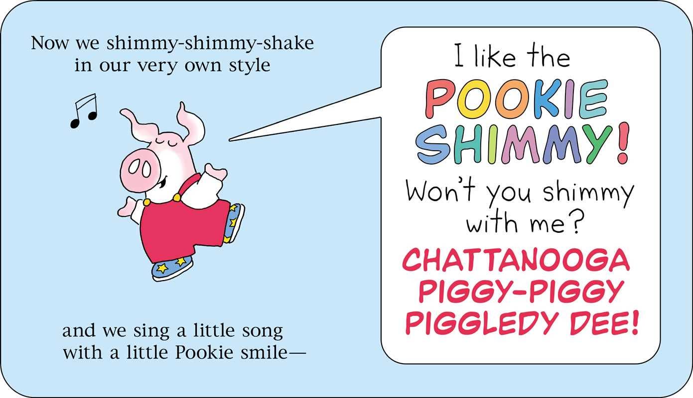 Cartoon pig character with text and music notes on a blue background
