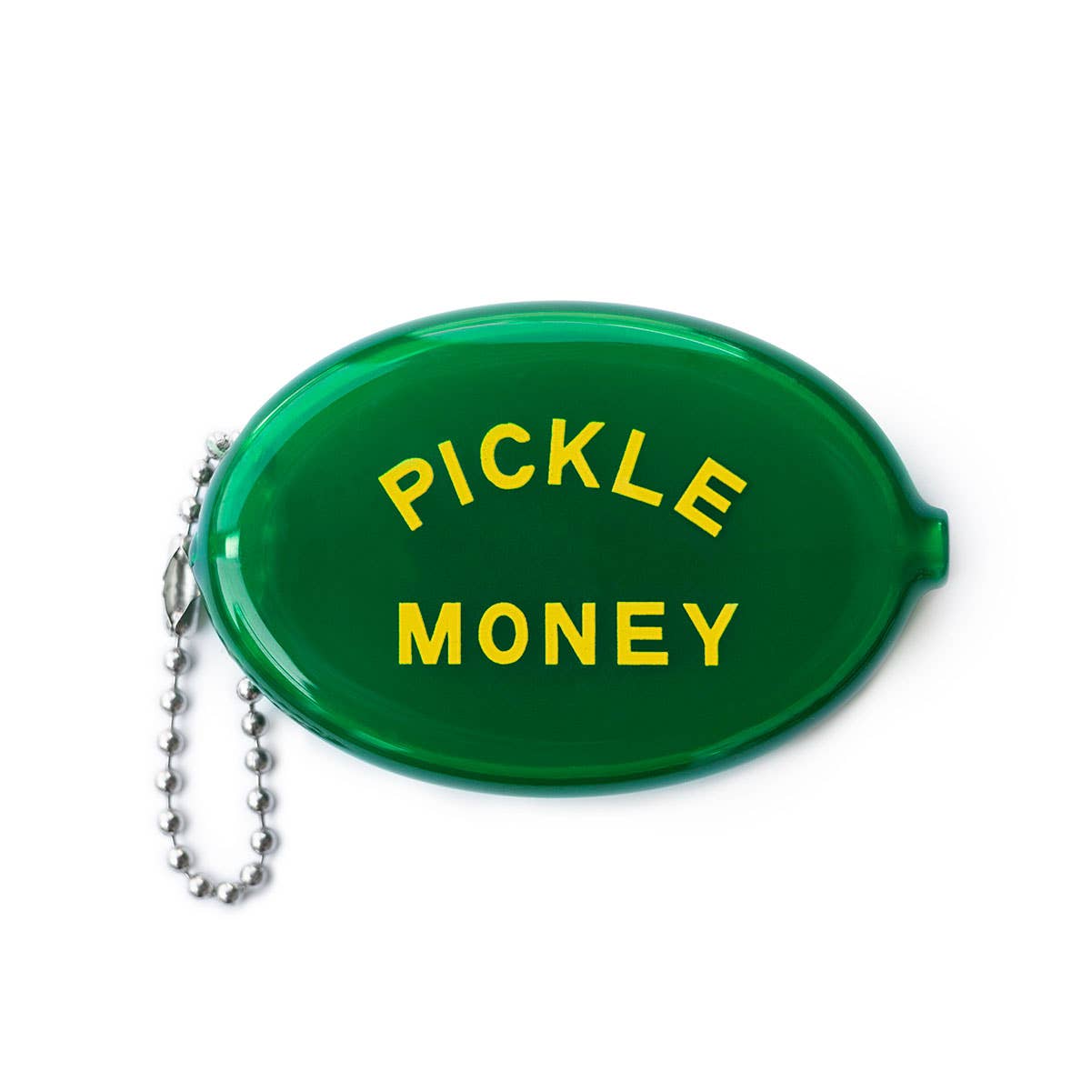 Green plastic coin purse with 'Pickle Money' text on a white background