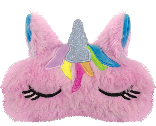 Pink plush unicorn sleep mask with a rainbow horn on a white background