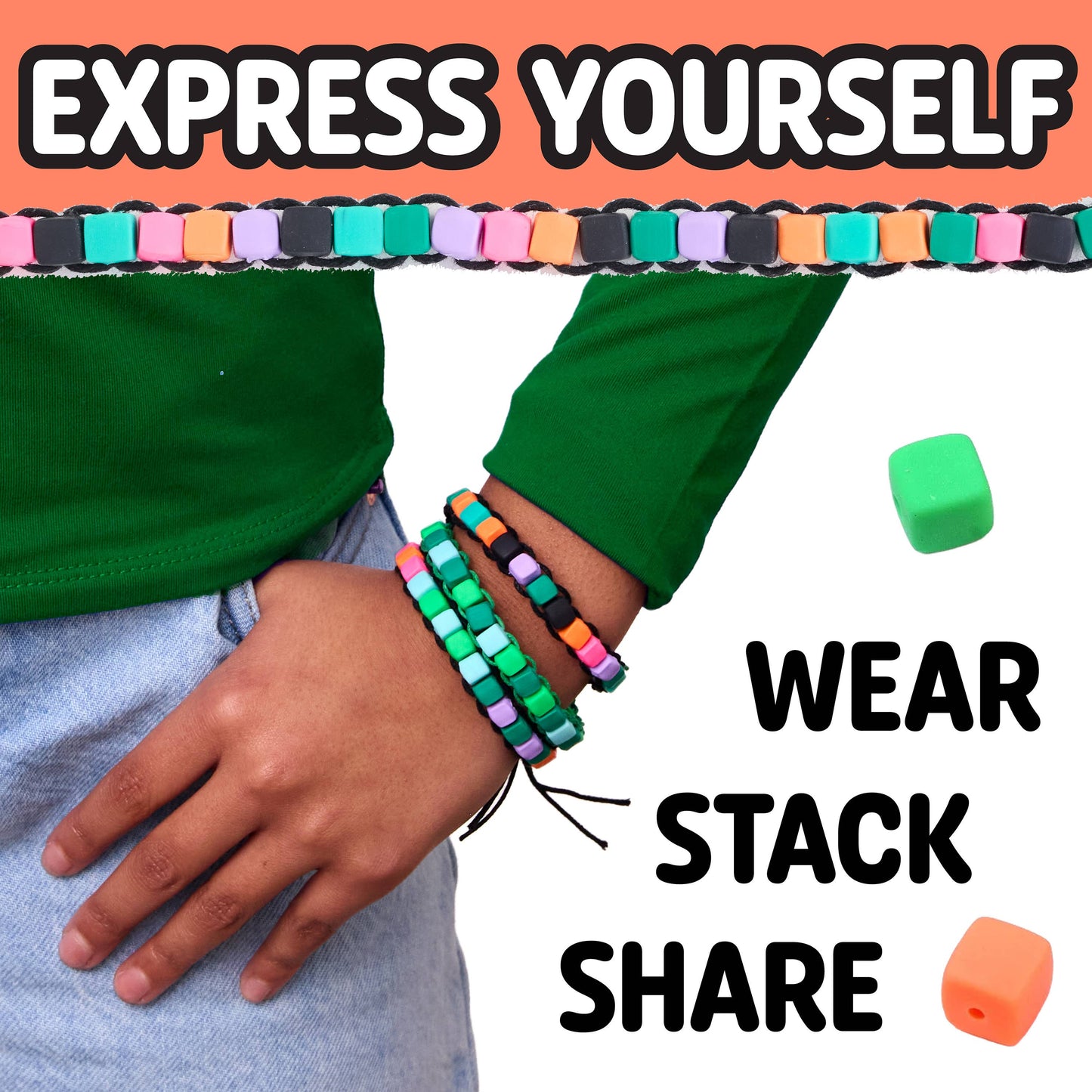 Colorful beaded bracelets on a wrist with text 'Express Yourself, Wear, Stack, Share' on an orange background.