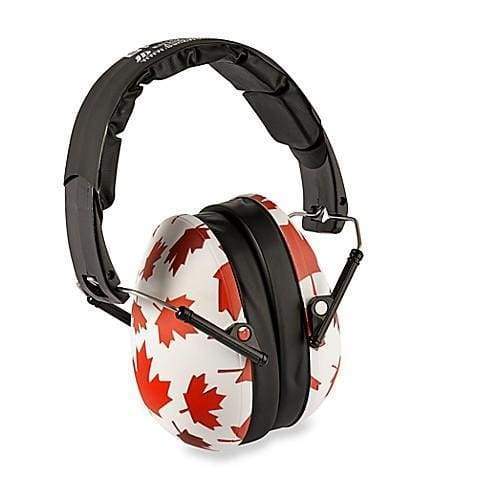 Earmuffs with red maple leaf design on a white background