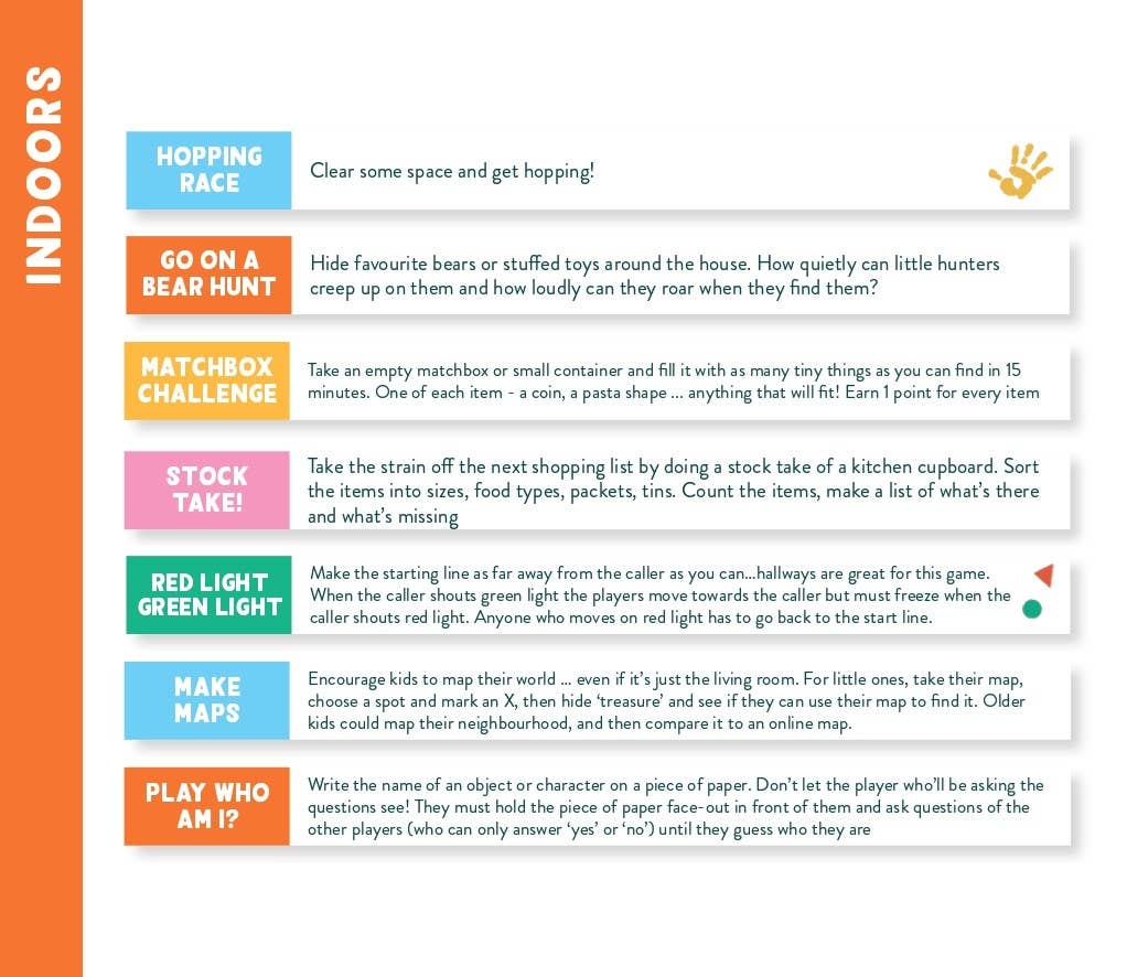 Sheet of indoor activities for children with colorful text and icons.