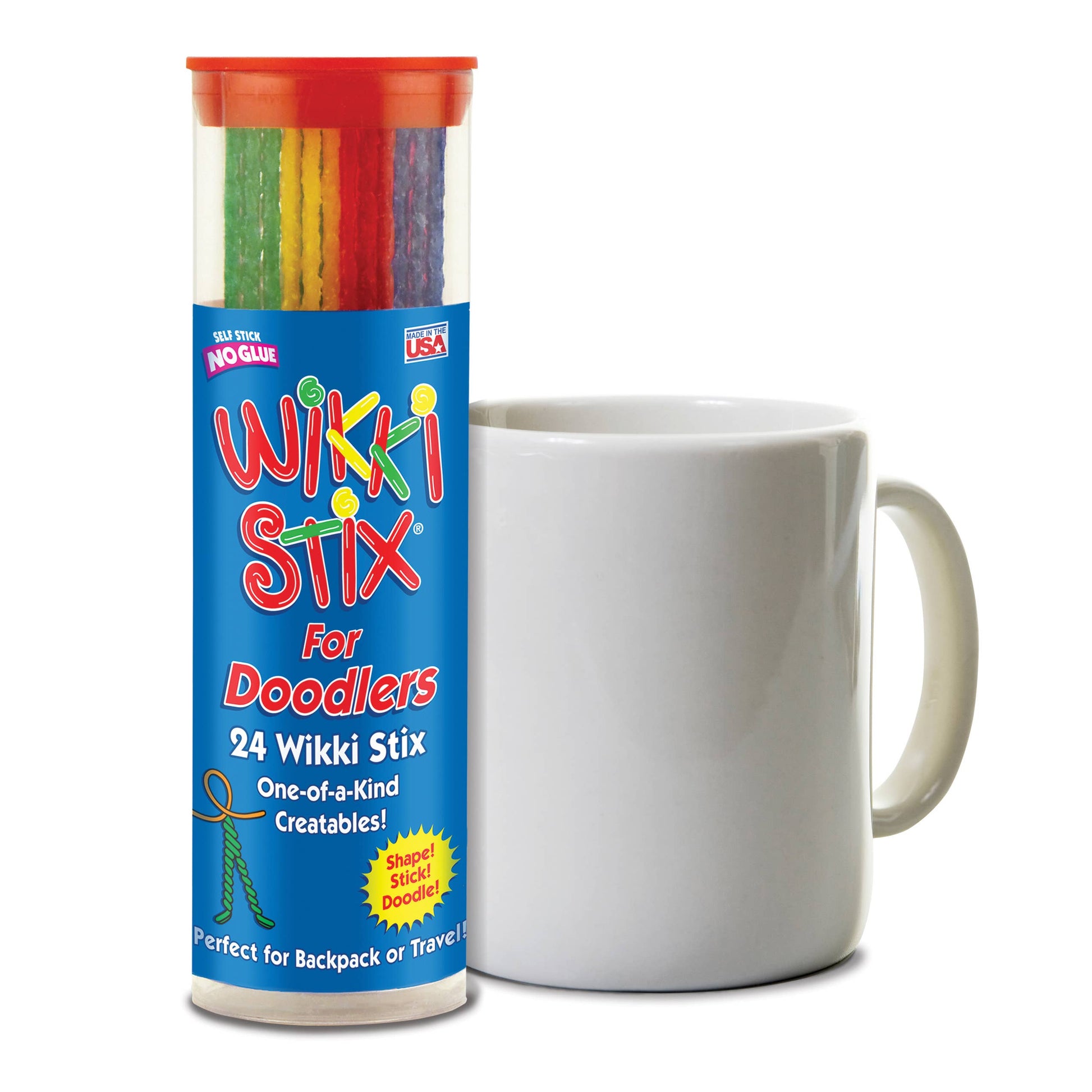 Tube of Wikki Stix for Doodlers next to a white mug on a white background