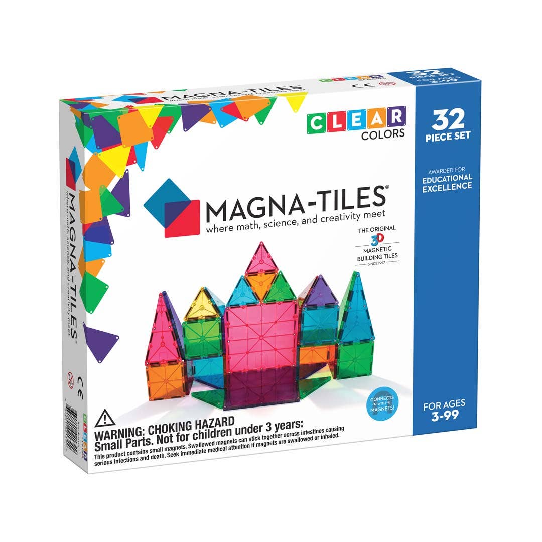 Magna-Tiles packaging with colorful tiles and educational branding on a white background