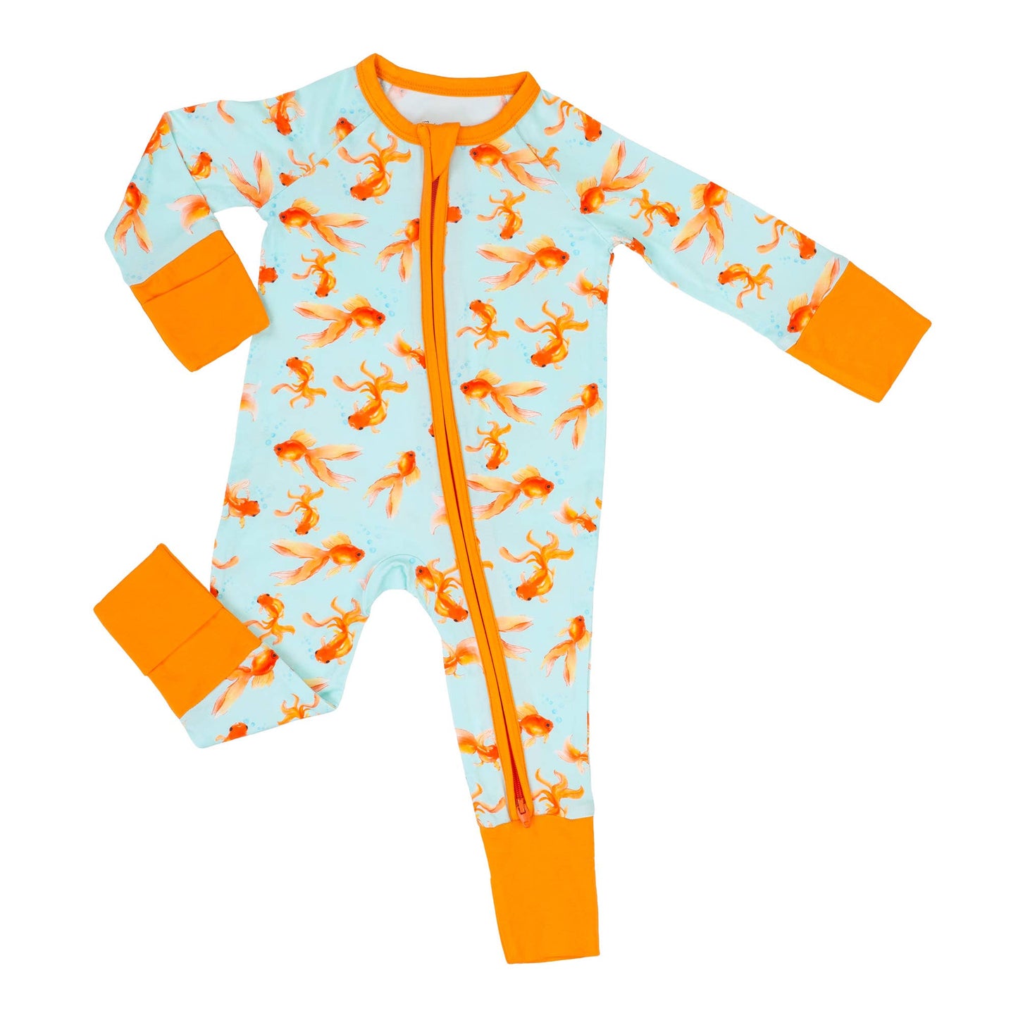 Children's onesie pajama with orange fish pattern on a light blue background