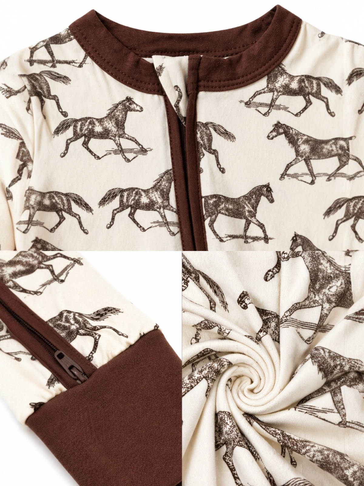 Children's pajama with horse pattern and brown trim, shown in close-up and swirled views.