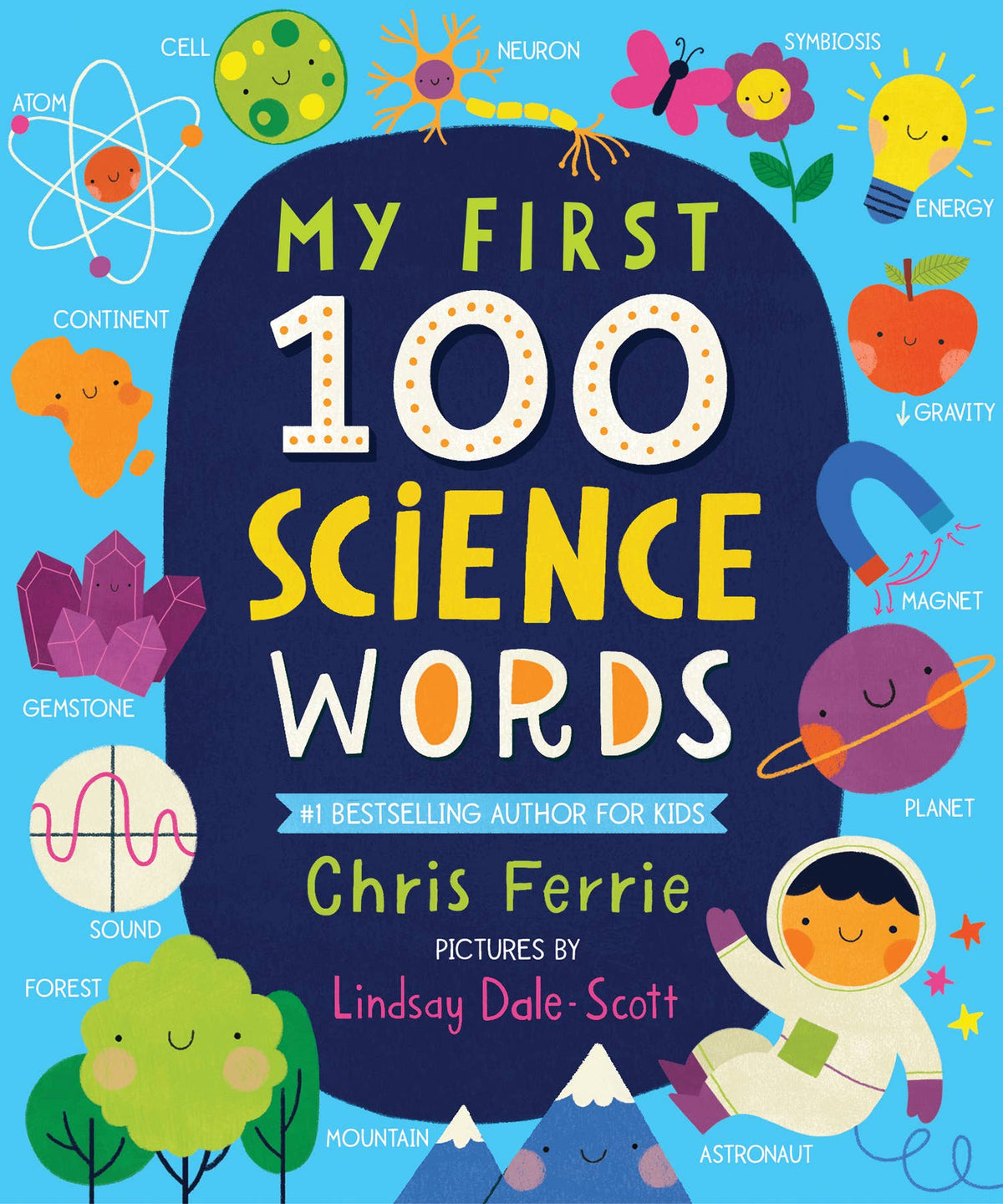 Book cover of 'My First 100 Science Words' with colorful illustrations and text.