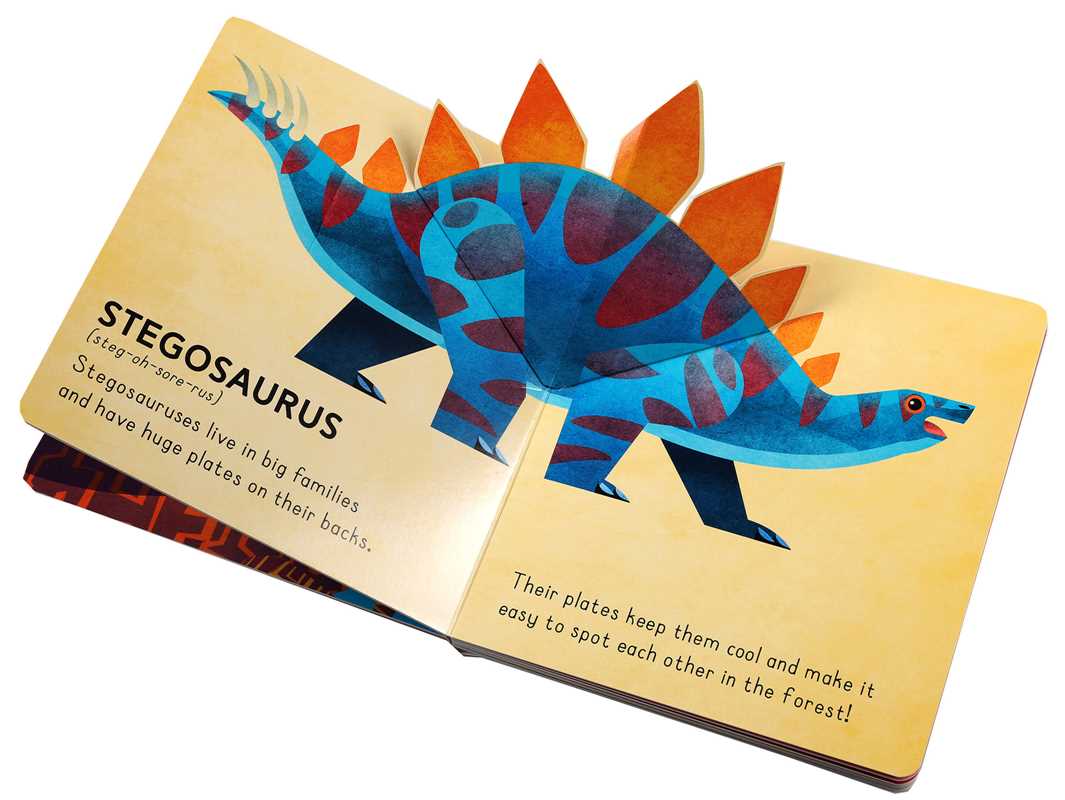 Children's book with a pop-up Stegosaurus illustration on a white background