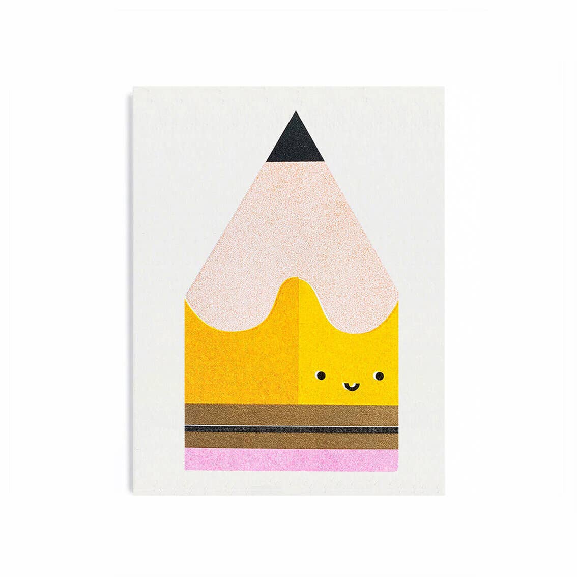 A mini greeting card with an illustration of a yellow pencil character on the front, with a white background. The pencil has a smiling face, and the card has a textured look with a patterned yellow and pink area above the character.