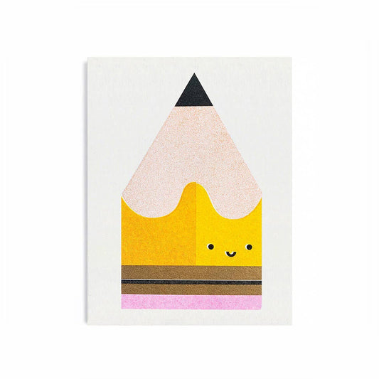 A mini greeting card with an illustration of a yellow pencil character on the front, with a white background. The pencil has a smiling face, and the card has a textured look with a patterned yellow and pink area above the character.