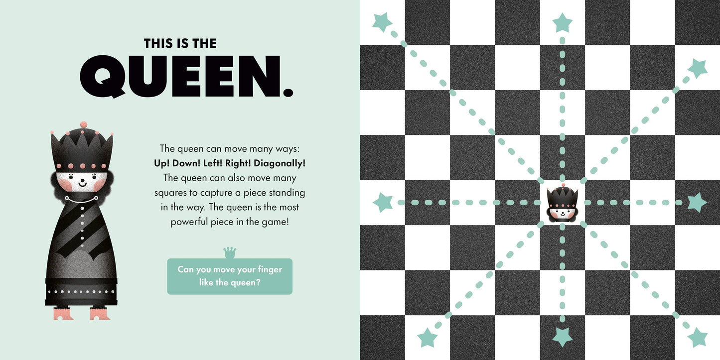 Chess piece illustration with text explaining the queen's movement on a checkered background