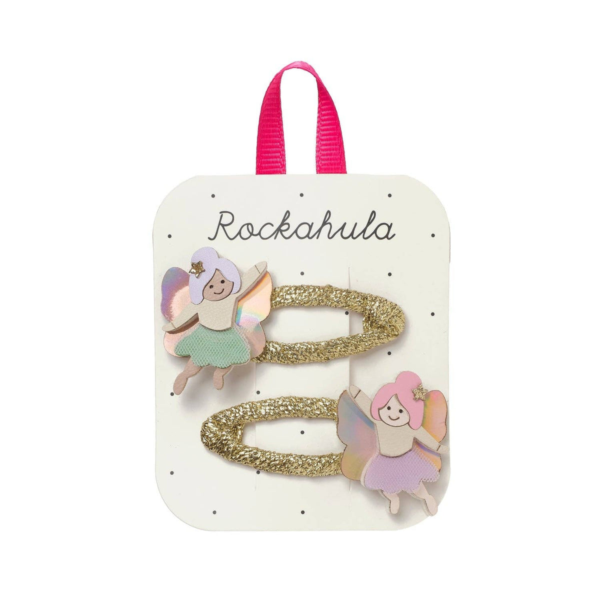 Set of hair clips with fairy design on a Rockahula branded card.