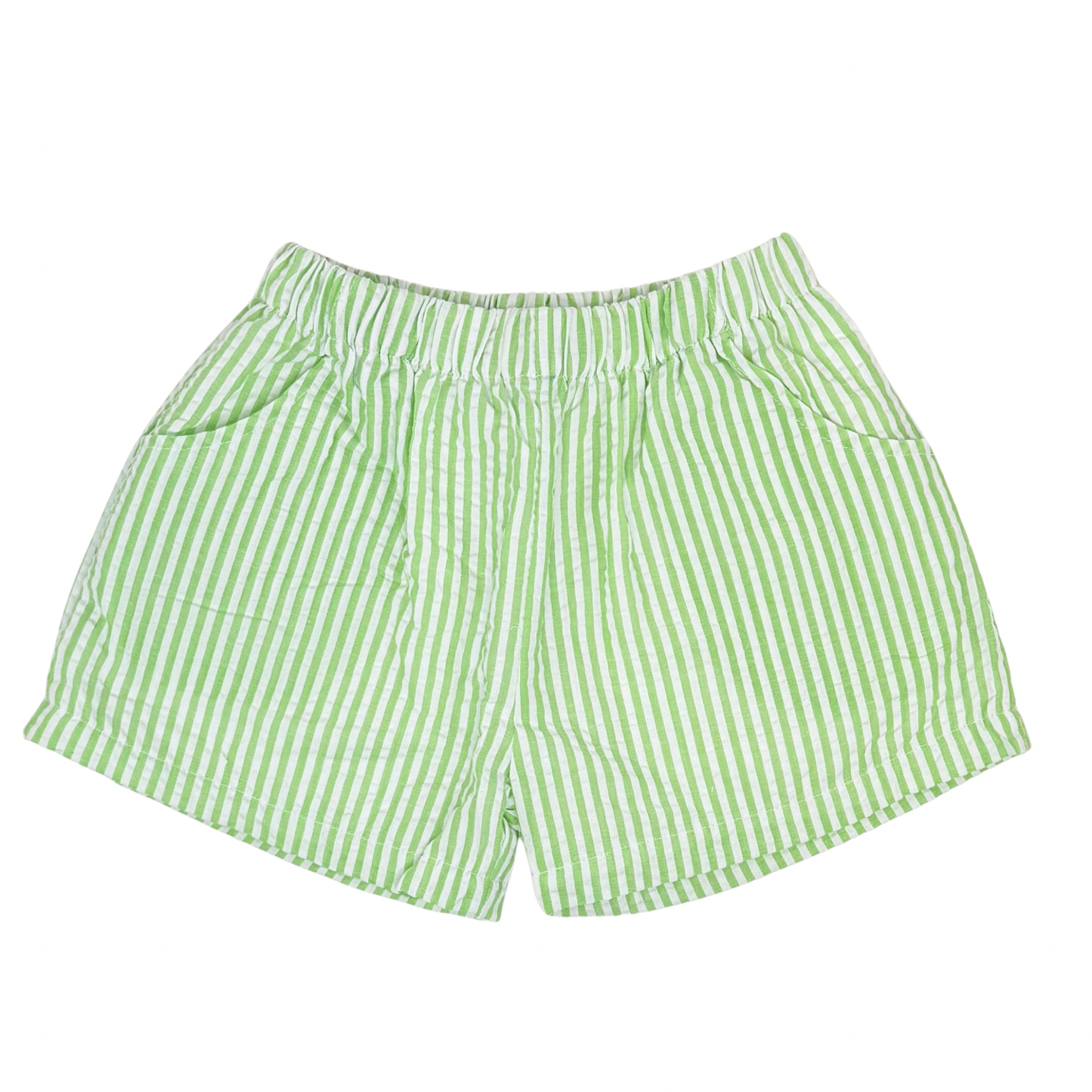 Green and white striped shorts on a white background