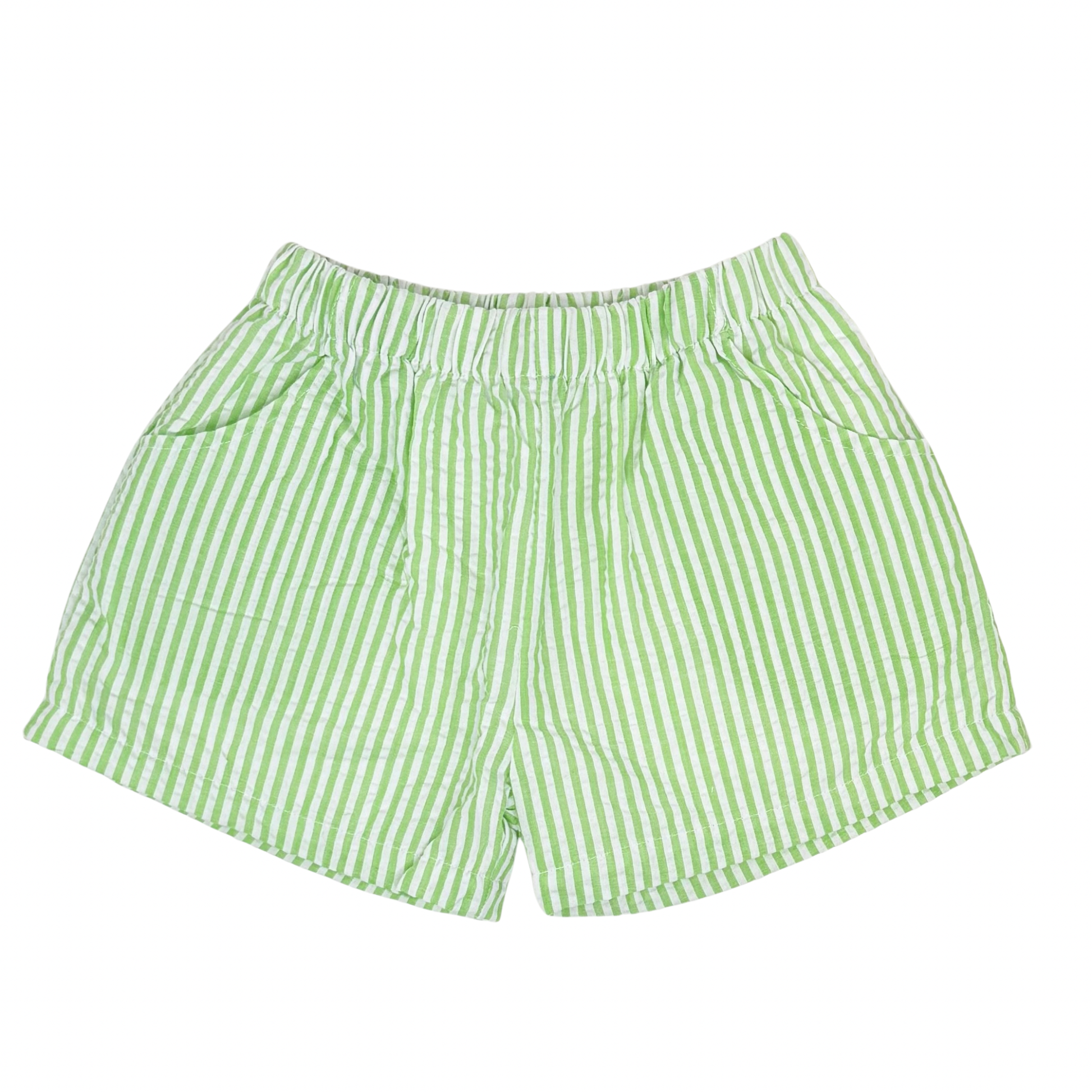 Green and white striped shorts on a white background