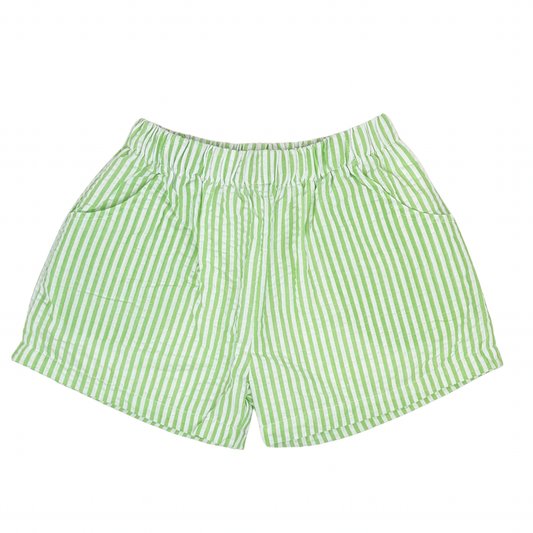 Green and white striped shorts on a white background