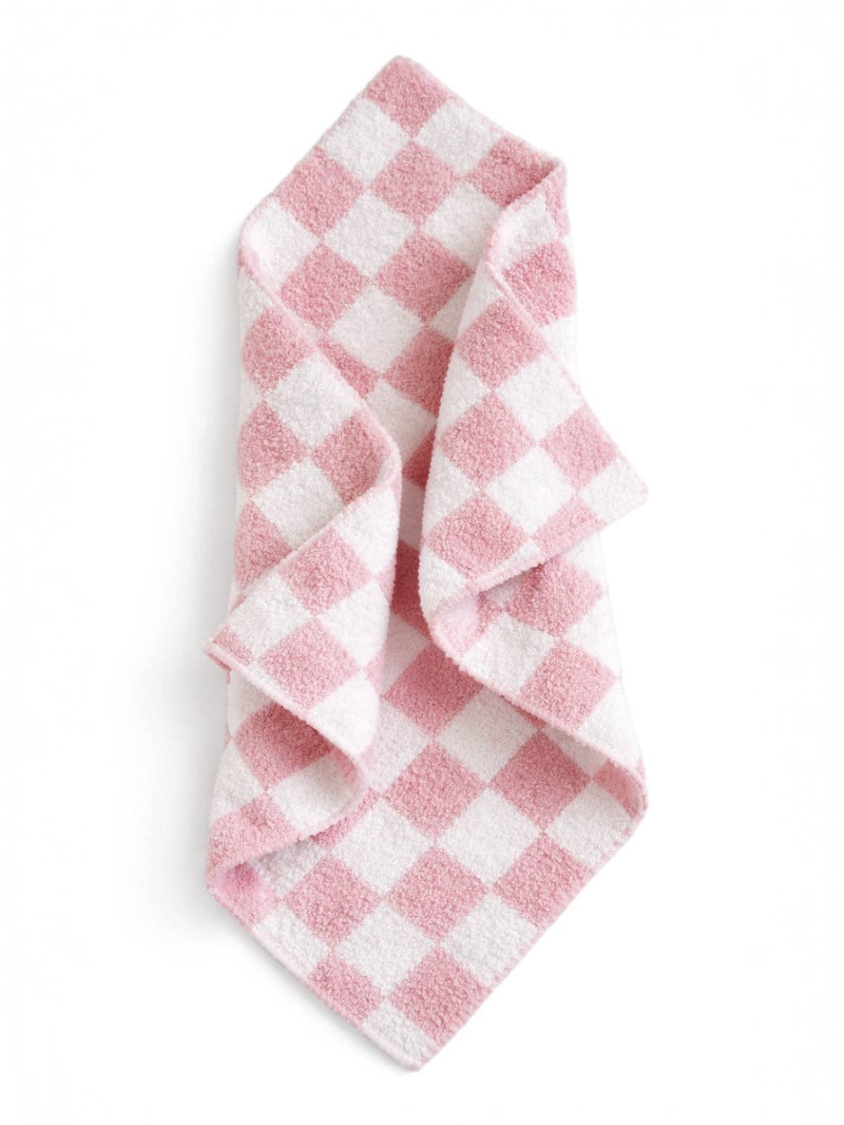 Pink and white checkered baby blanket on a white background