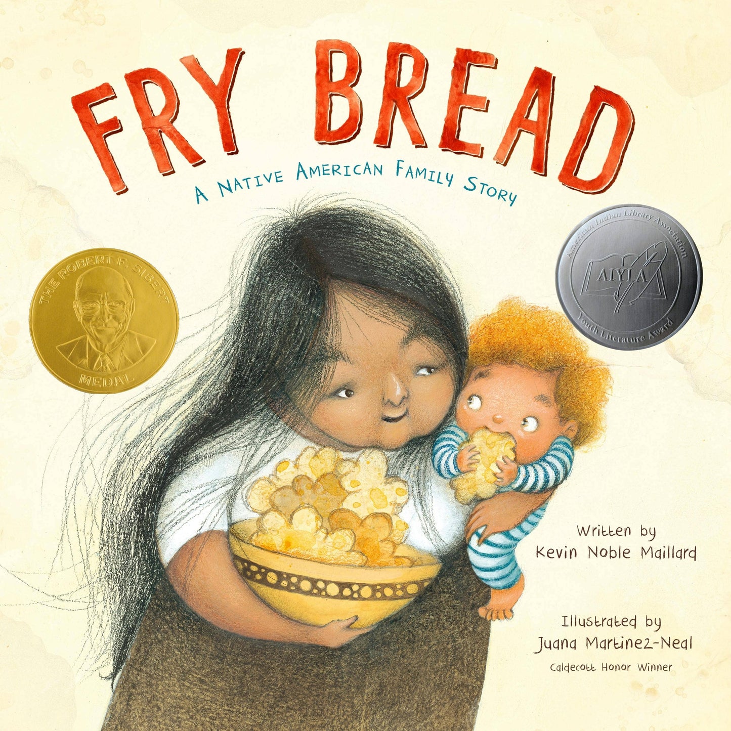 Book cover of 'Fry Bread' with a woman holding a bowl of food and a child, featuring a gold medal and gray circle on a beige background.