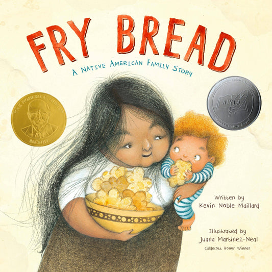 Book cover of 'Fry Bread' with a woman holding a bowl of food and a child, featuring a gold medal and gray circle on a beige background.