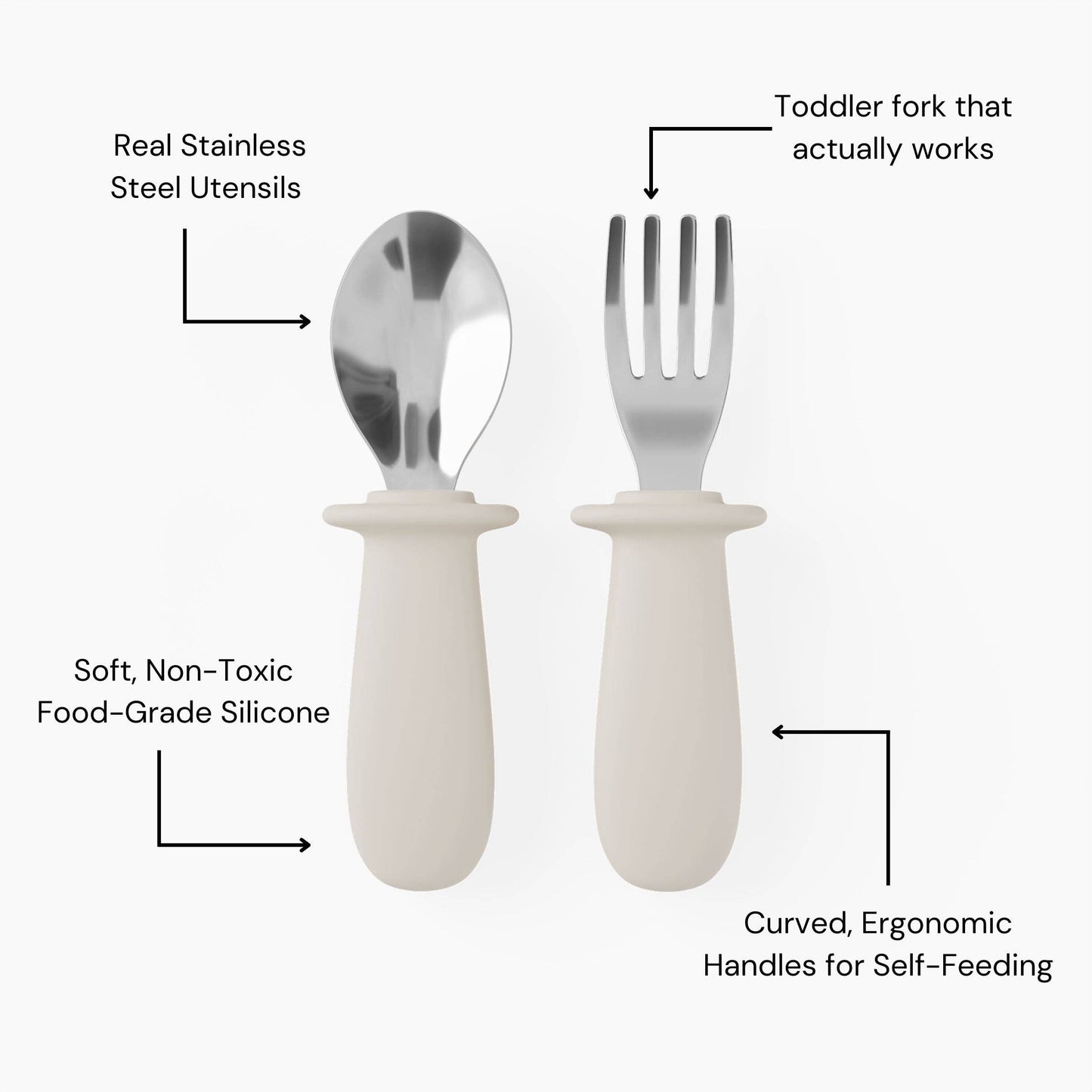 Set of toddler fork and spoon with labeled features on a white background