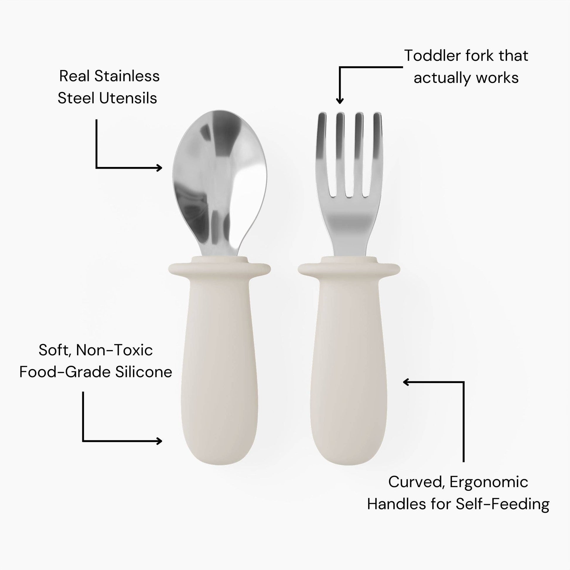 Set of toddler fork and spoon with labeled features on a white background