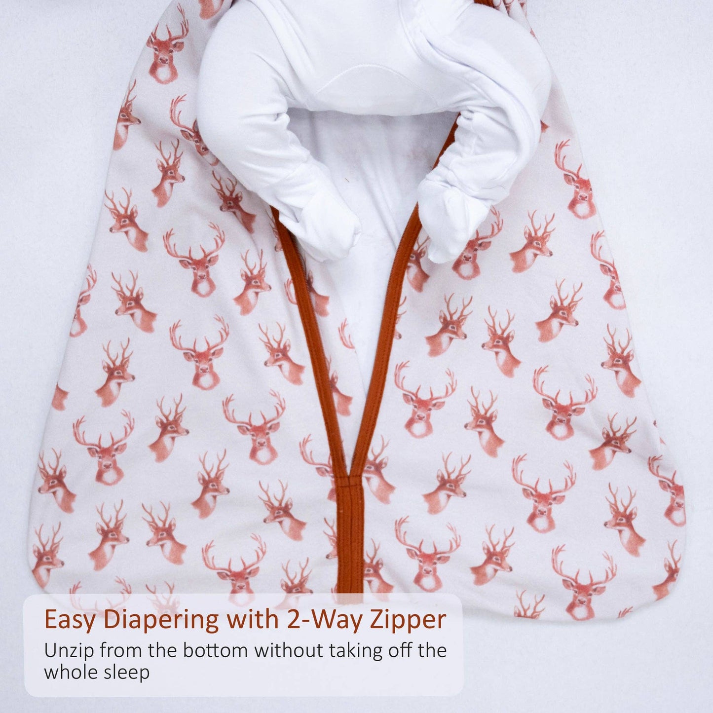 Baby sleeping bag with deer pattern and 2-way zipper on a white background
