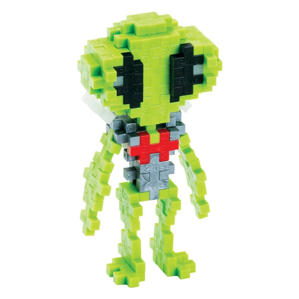 Green pixelated alien puzzle figure with black eyes and a red heart on a white background