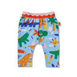 A pair of baby legging pants with colorful dinosaurs on a white background. 
