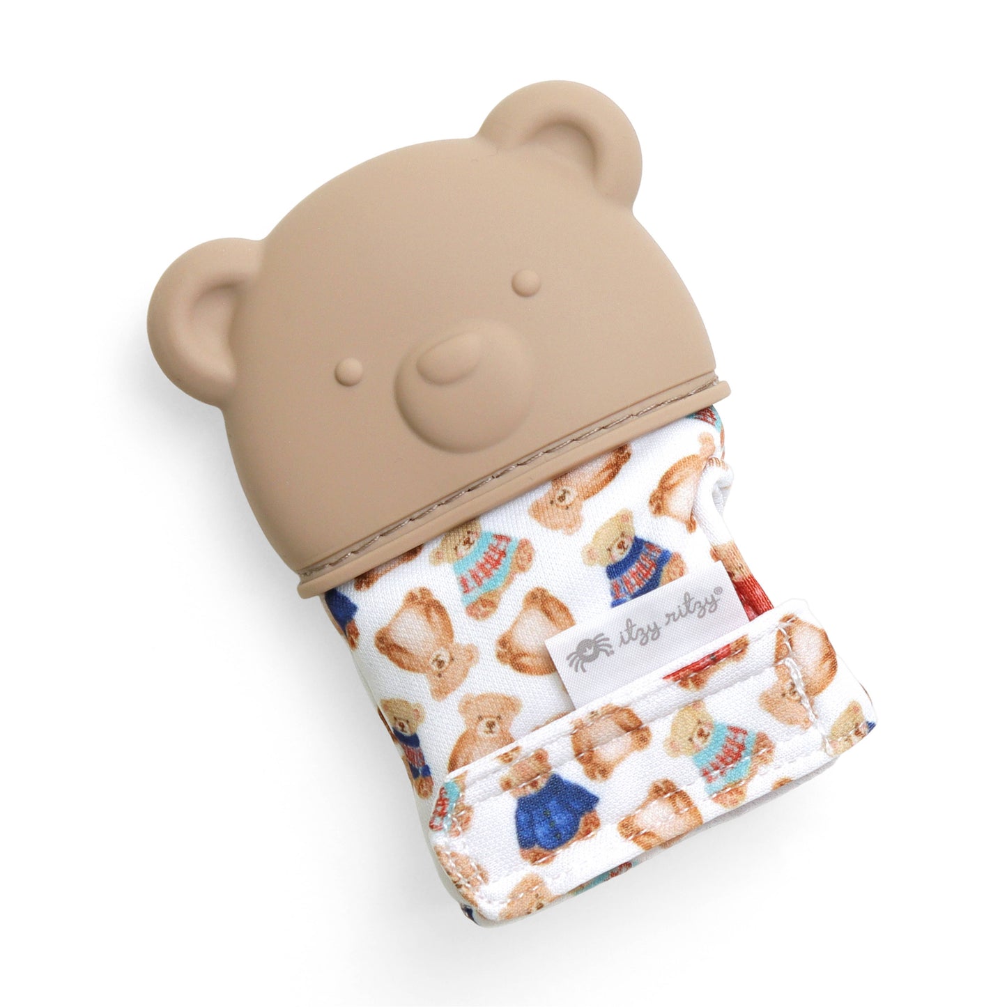 Teddy bear-shaped pouch with a patterned interior on a white background