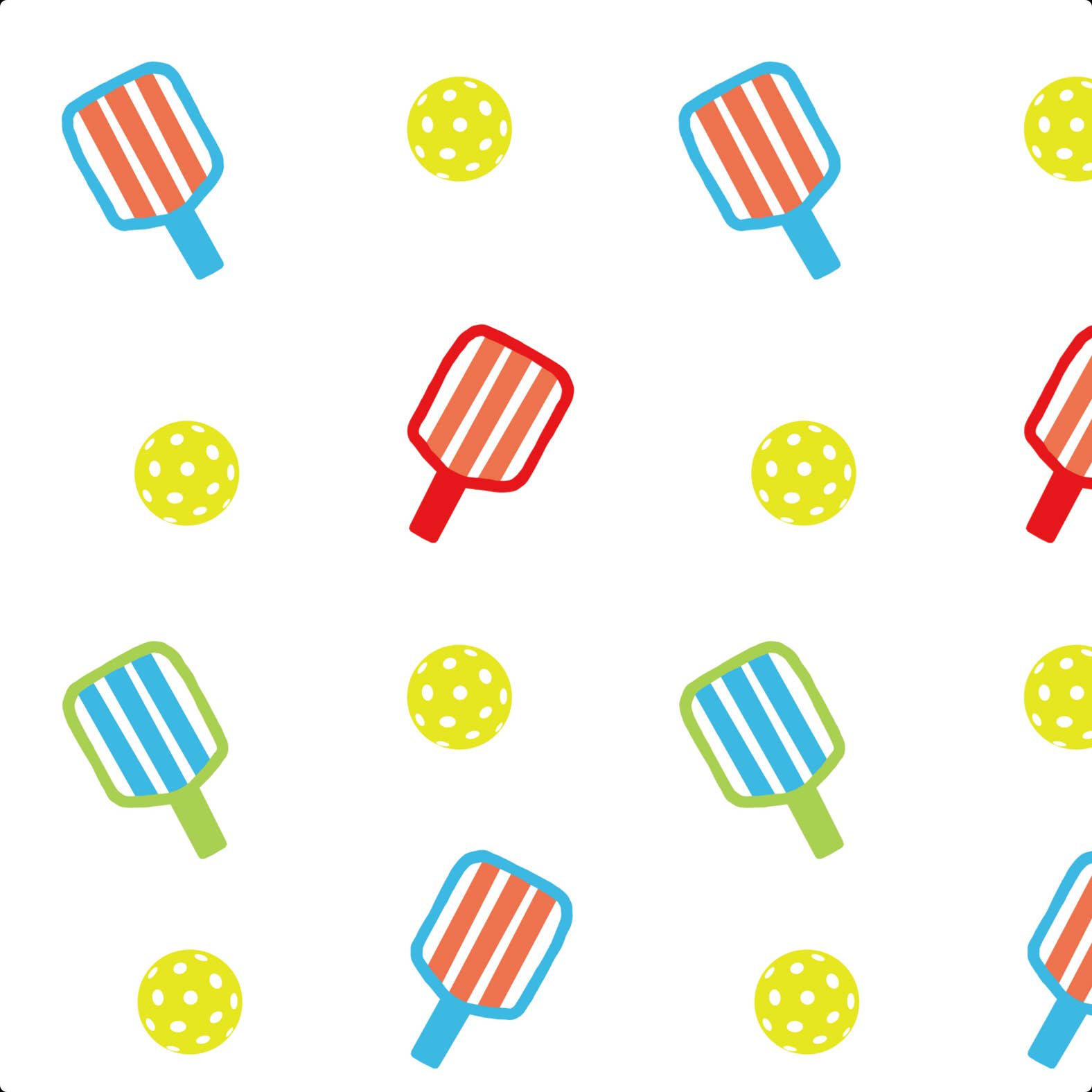 Pattern of colorful pickleball rackets and  yellow balls on a white background