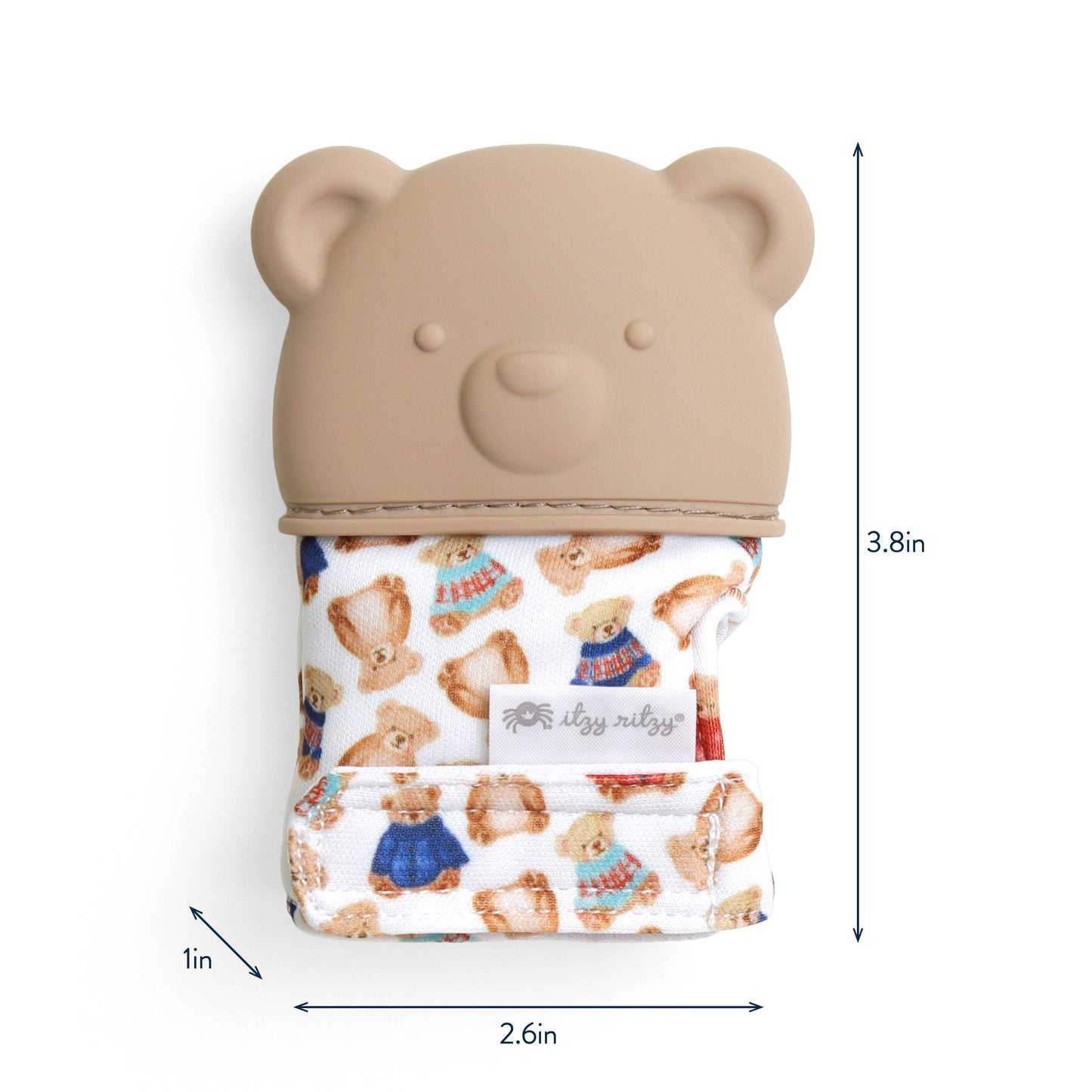 Bear-shaped container with a lid featuring teddy bear illustrations, showing dimensions on a white background.