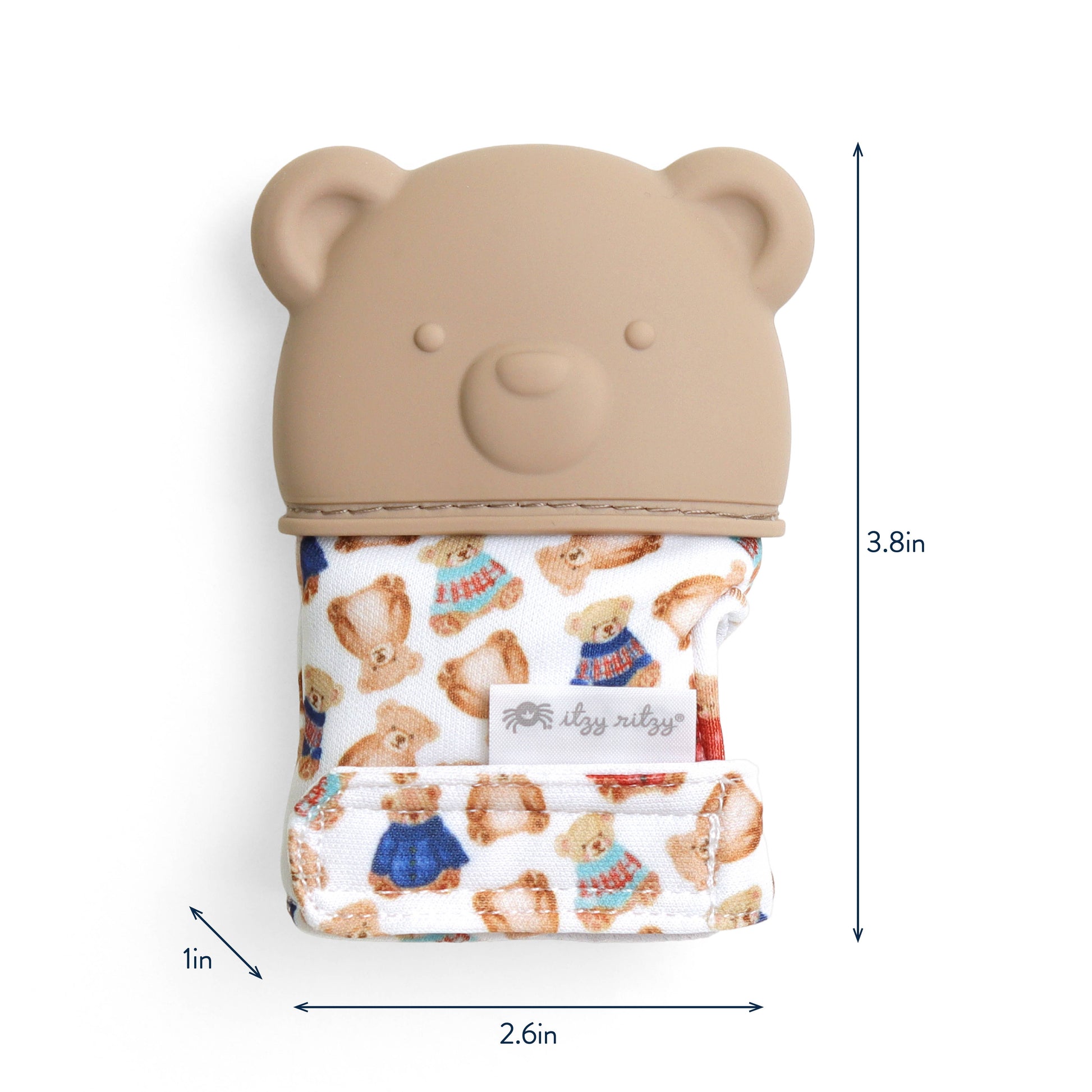 Bear-shaped container with a lid featuring teddy bear illustrations, showing dimensions on a white background.