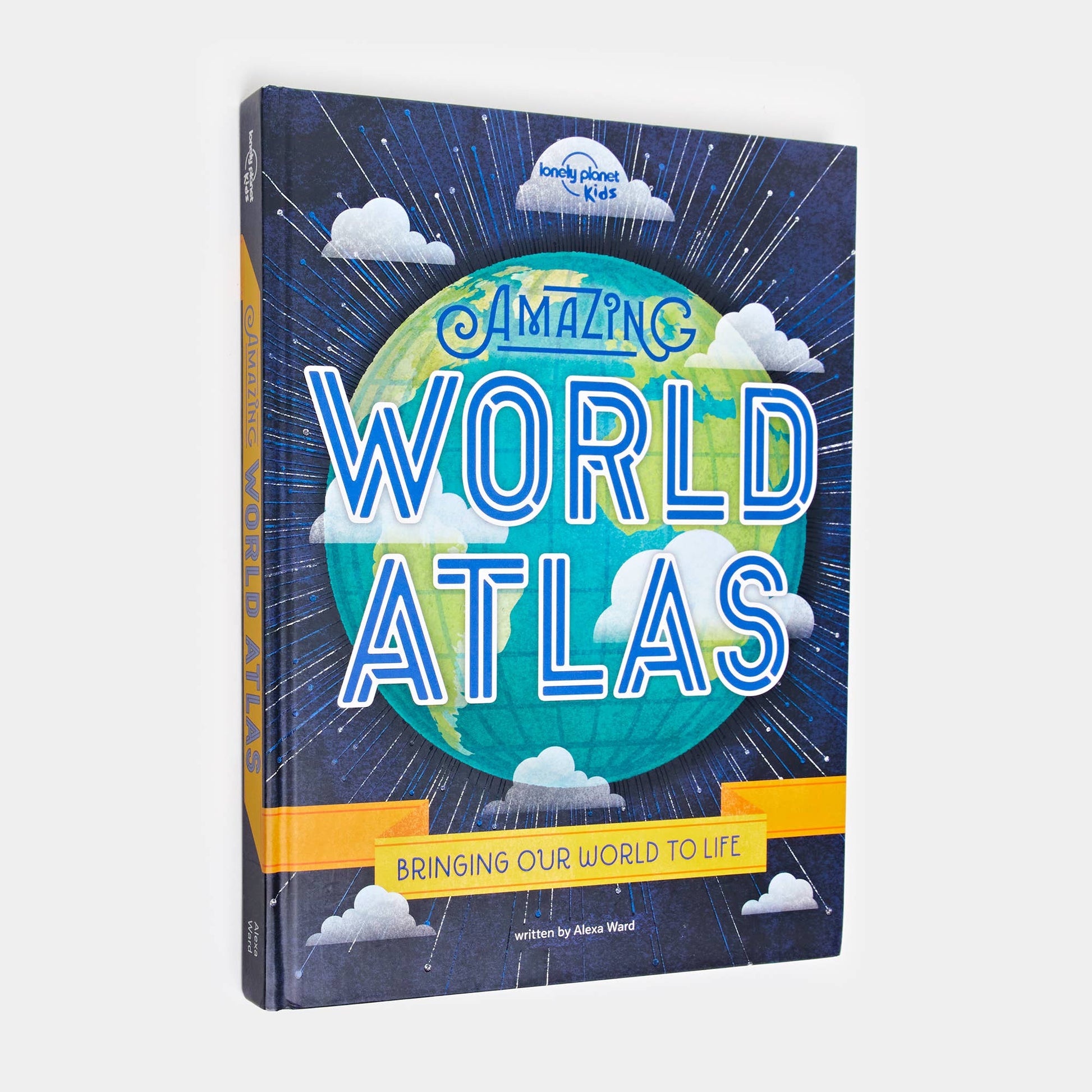 Children's world atlas with colorful design on a white background