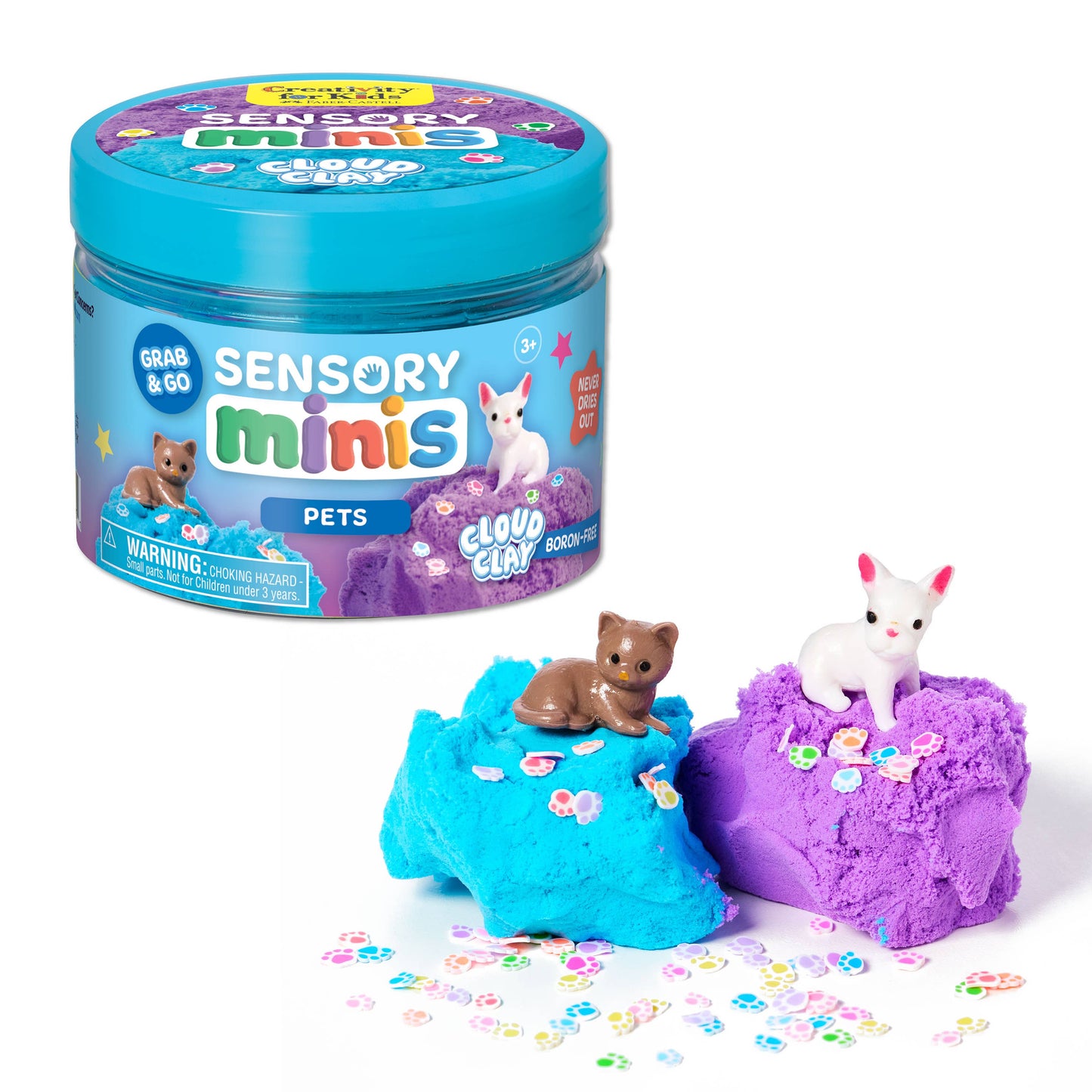 Sensory minis Pets cloud clay with a jar labeled 'Sensory Minis' on a white background