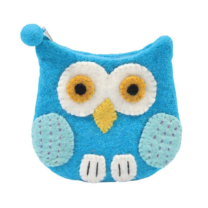 Blue owl-shaped coin purse with a white face and yellow beak on a white background