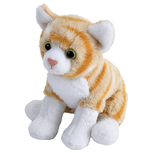 Plush toy cat with orange and white stripes on a white background