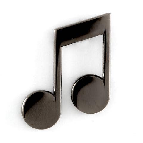 A metallic music note pin in a dark gunmetal gray finish, shown on a plain white background.